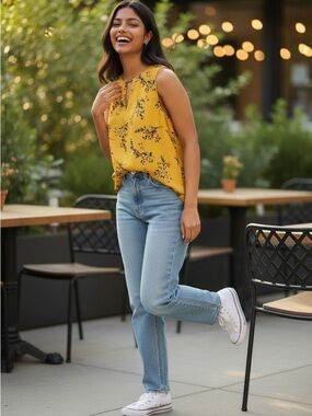 LILY MORGAN Sleeveless Yellow Floral Keyhole Blouse -size xl